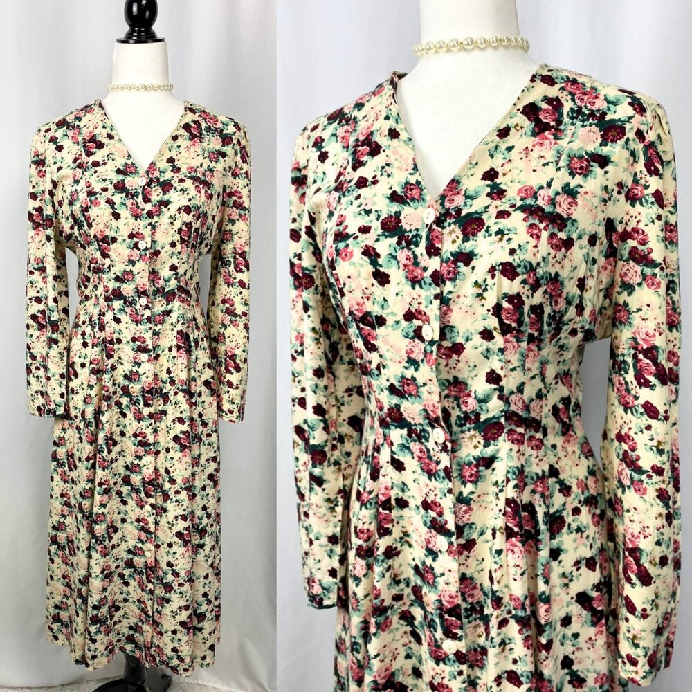 Vintage 90s cream floral rose grunge button up midi fit and flare dress medium - Picture 2 of 6